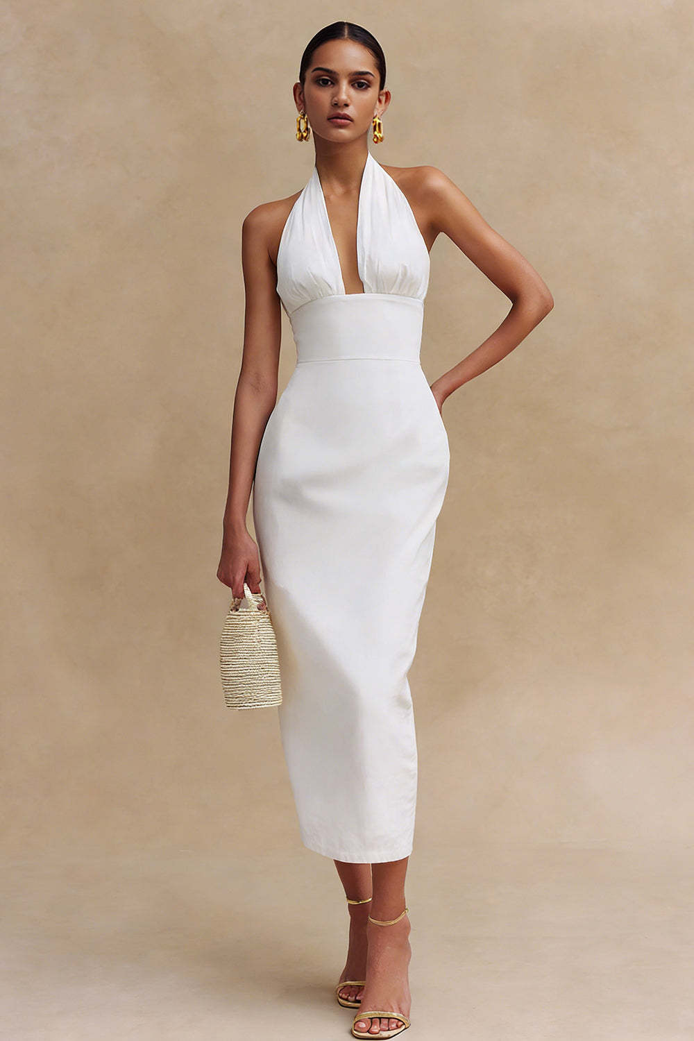 Leely Women White Midi Bodycon Engagement Dress Halter Neck Satin Backless Bridal Shower Dress