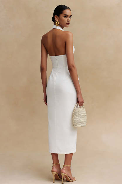 White Halter Neck Bodycon Satin Midi Backless Engagement Dress