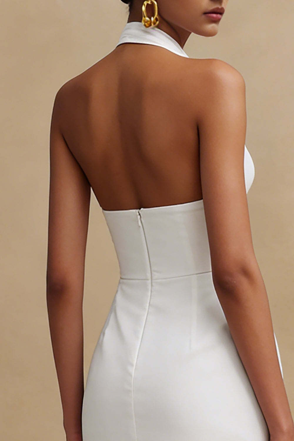 White Halter Neck Bodycon Satin Midi Backless Engagement Dress