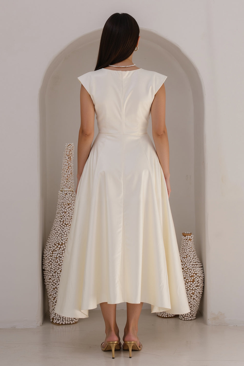 Ivory Bateau Neck Cap Sleeves A Line Satin Long Engagement Dress