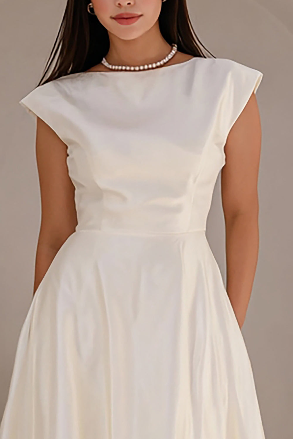 Ivory Bateau Neck Cap Sleeves A Line Satin Long Engagement Dress