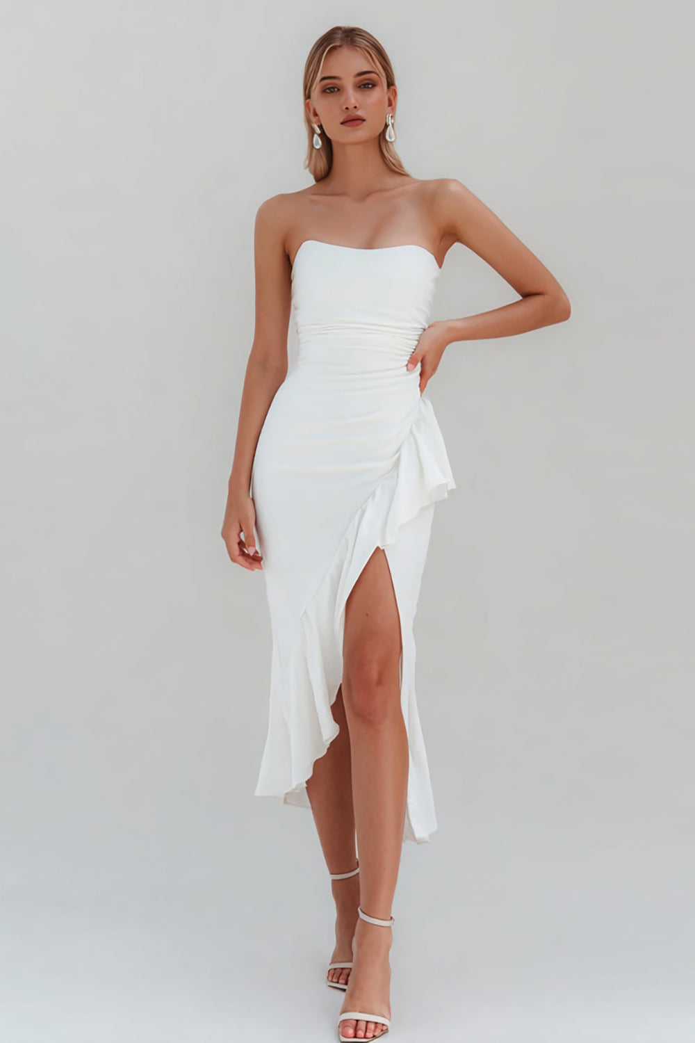 Leely Women White Ruffled Midi Engagement Dress with Slit Satin Ruched Strapless Rehearsal Dinner Dress