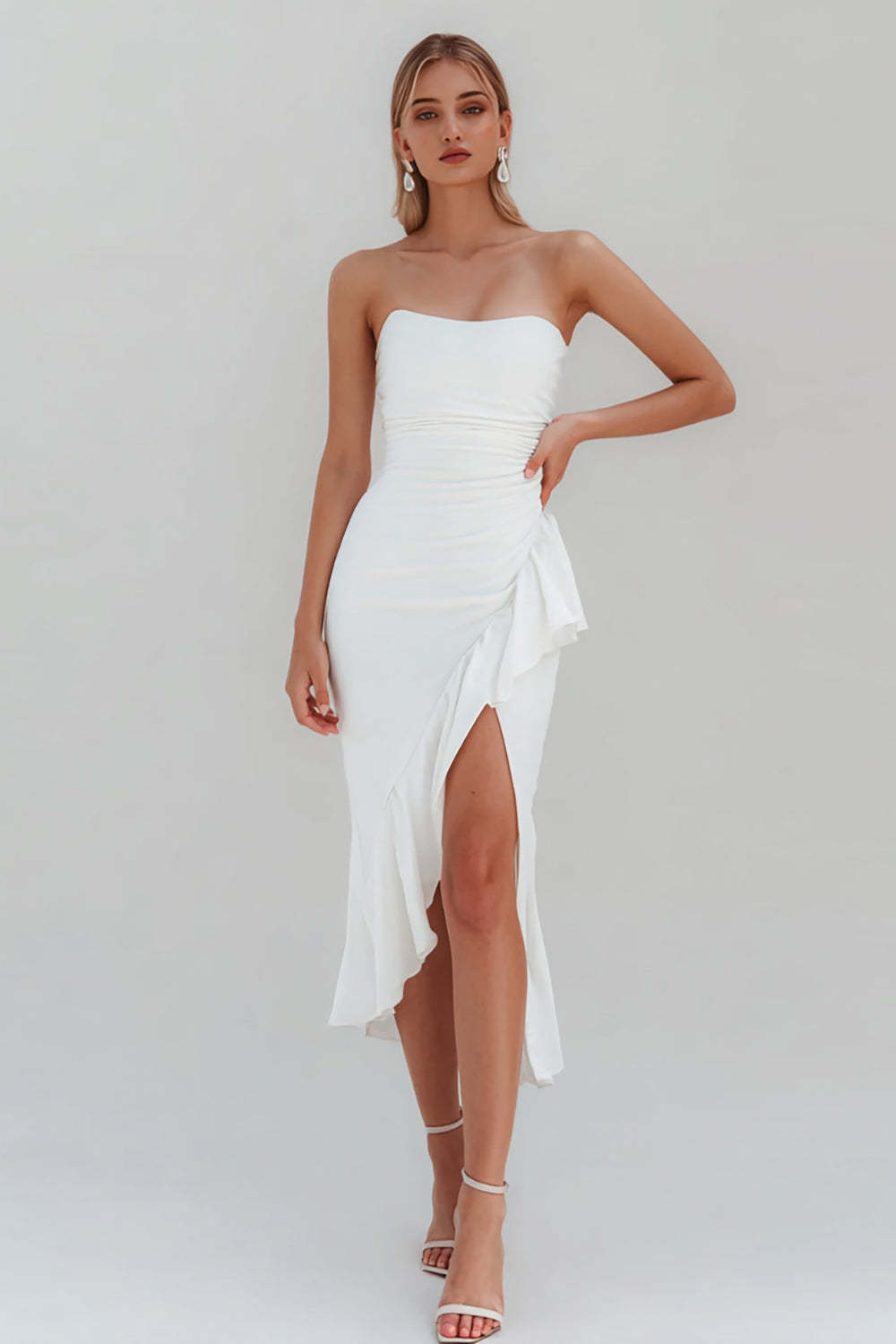 Leely Women White Ruffled Midi Engagement Dress with Slit Satin Ruched Strapless Rehearsal Dinner Dress