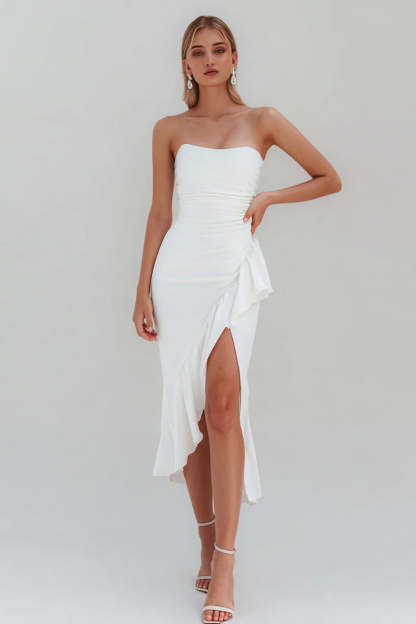 Leely Women White Ruffled Midi Engagement Dress with Slit Satin Ruched Strapless Rehearsal Dinner Dress