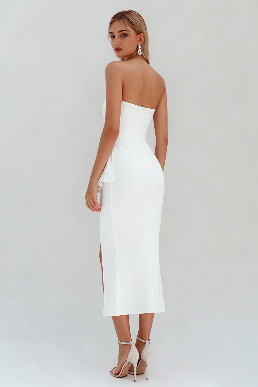 White Ruffled Satin Ruched Strapless Midi Engagement Dress with Slit