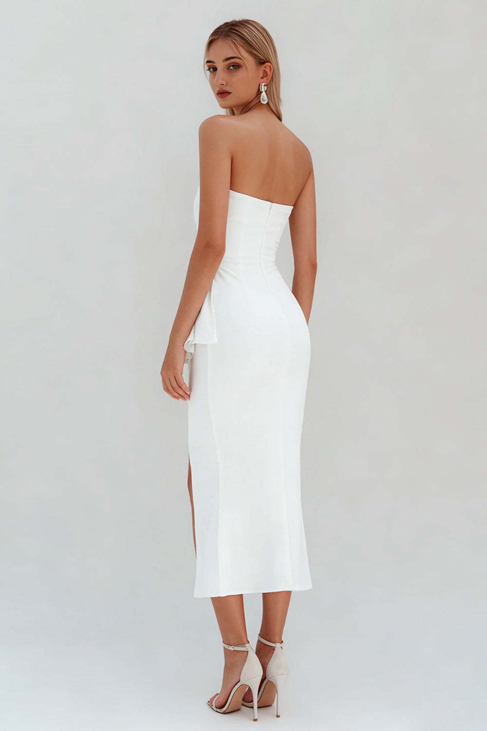 White Ruffled Satin Ruched Strapless Midi Engagement Dress with Slit