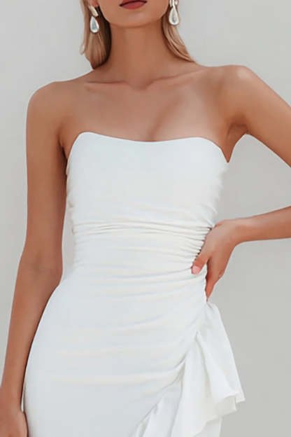 White Ruffled Satin Ruched Strapless Midi Engagement Dress with Slit