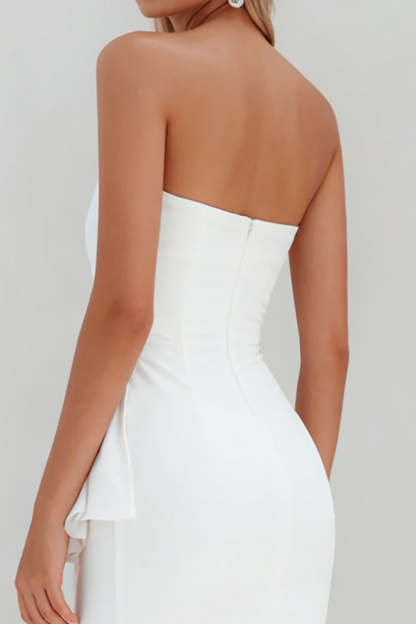 White Ruffled Satin Ruched Strapless Midi Engagement Dress with Slit