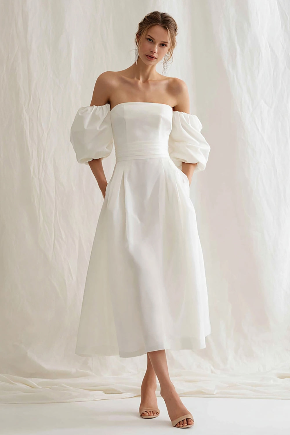 Leely Women Simple Ivory Maxi Engagement Dress A Line Puff Sleeves Strapless Bridal Shower Dress