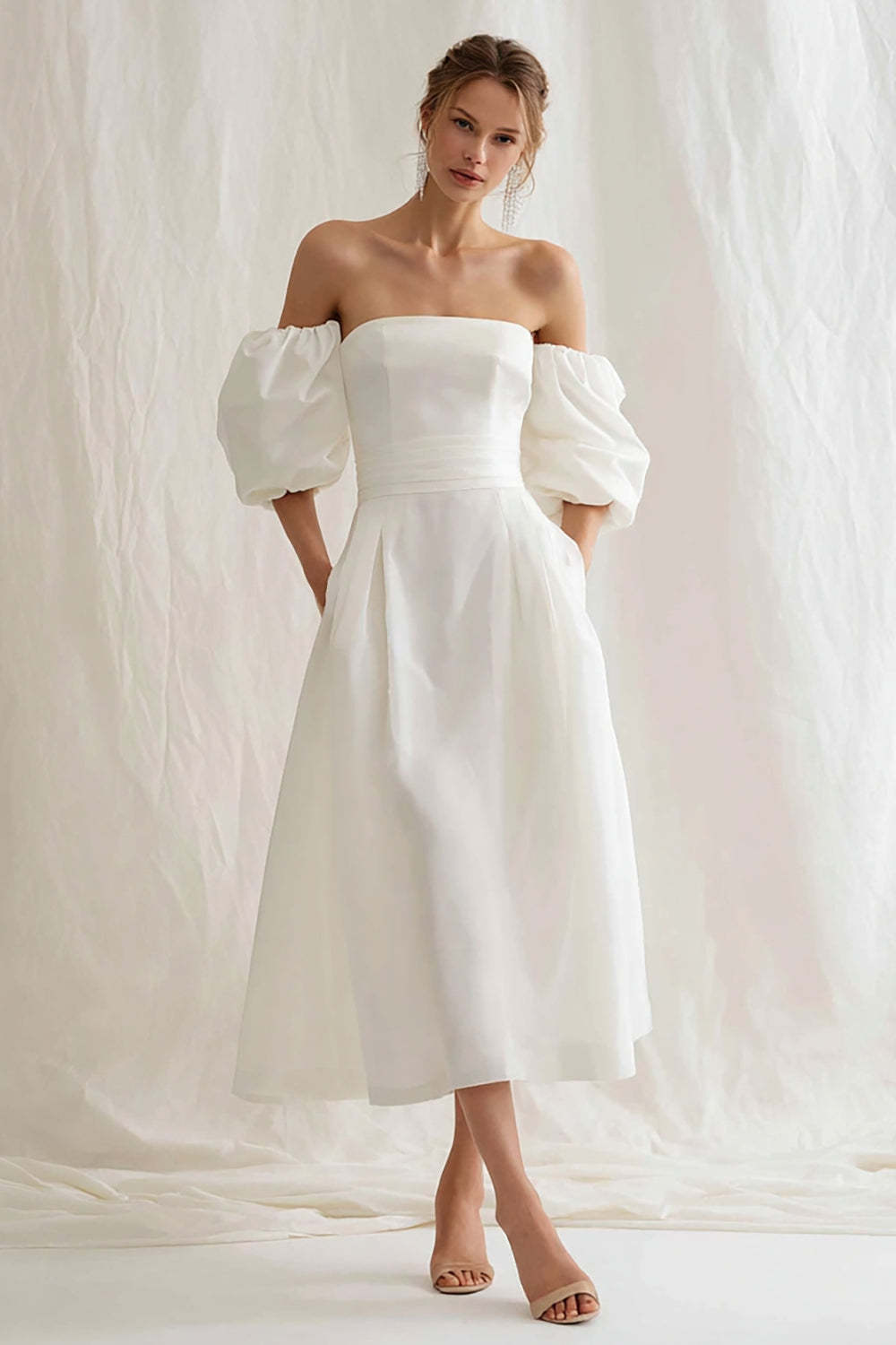Leely Women Simple Ivory Maxi Engagement Dress A Line Puff Sleeves Strapless Bridal Shower Dress