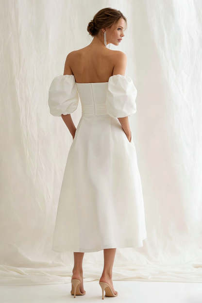 Simple Ivory Strapless A Line Puff Sleeves Maxi Engagement Dress