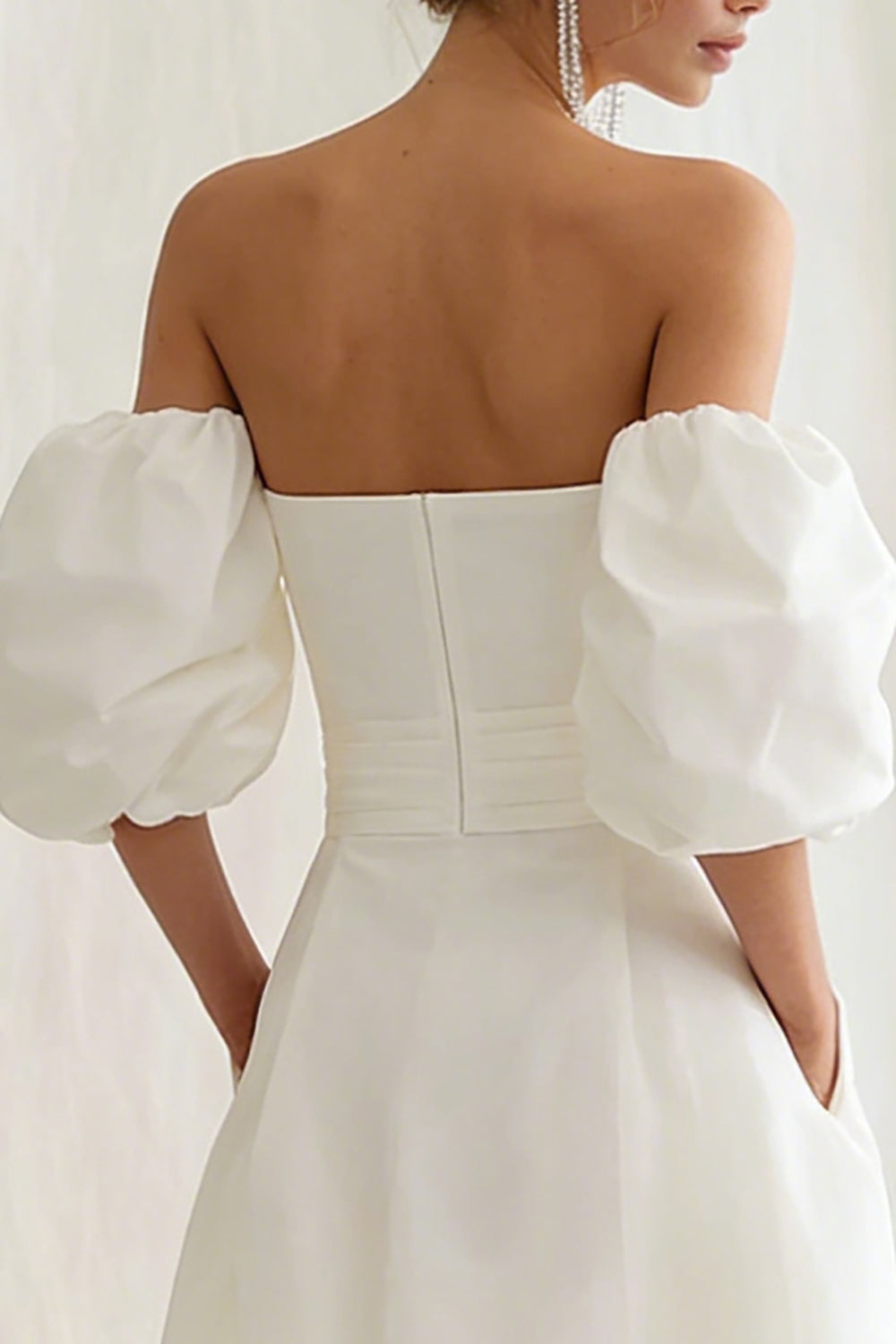 Simple Ivory Strapless A Line Puff Sleeves Maxi Engagement Dress