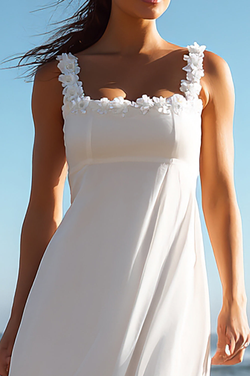 White Chiffon Square Neck A Line Long Wedding Reception Dress with Ruffles