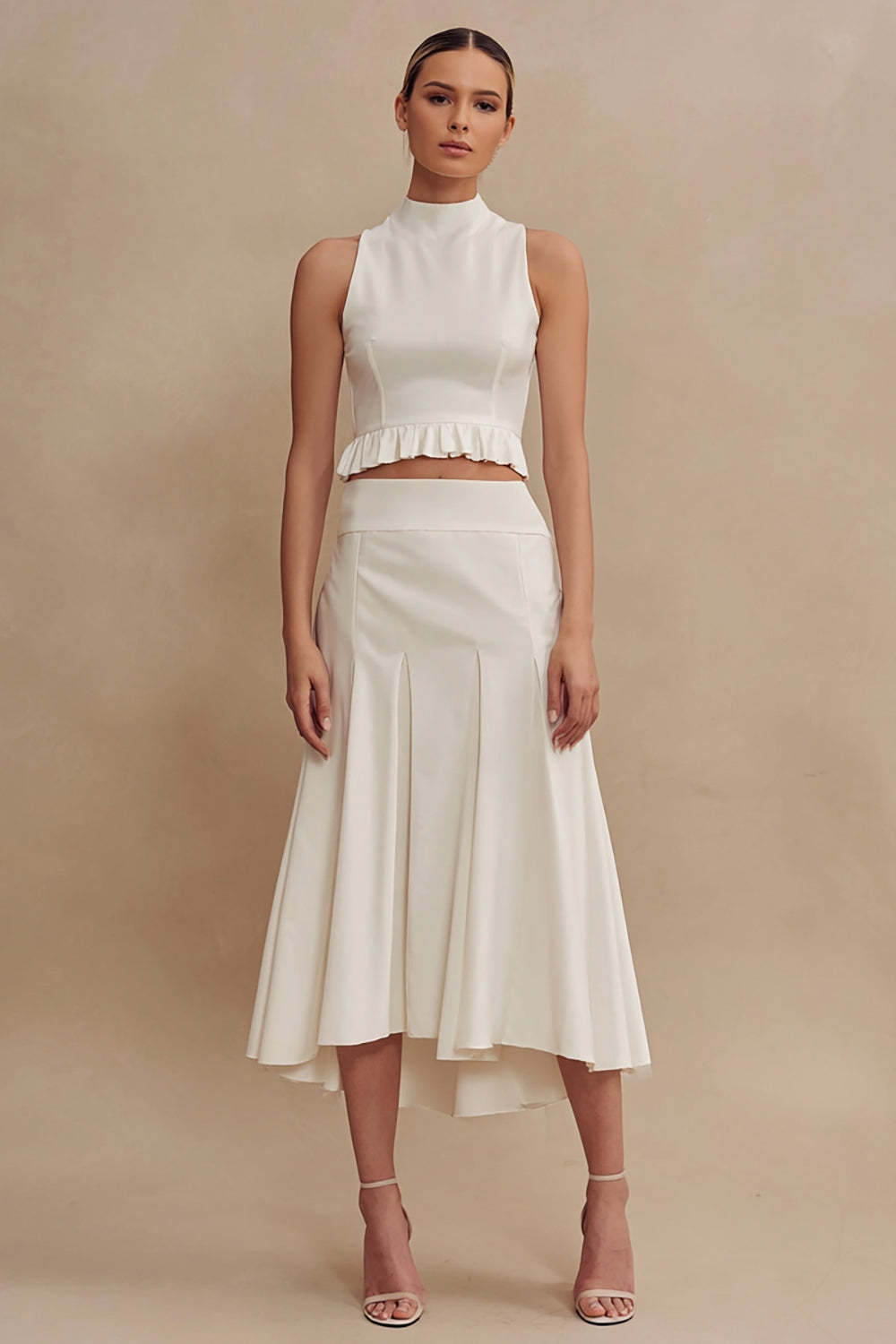 Leely Women Ivory 2 Piece Midi Engagement Dress High Neck Ruffled Satin A Line Rehearsal Dinner Dress