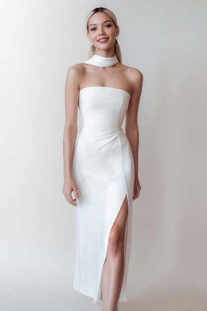 Leely Women White Long Sheath Wedding Reception Dress with Slit Neck Scarf Satin Strapless Engagement Dress