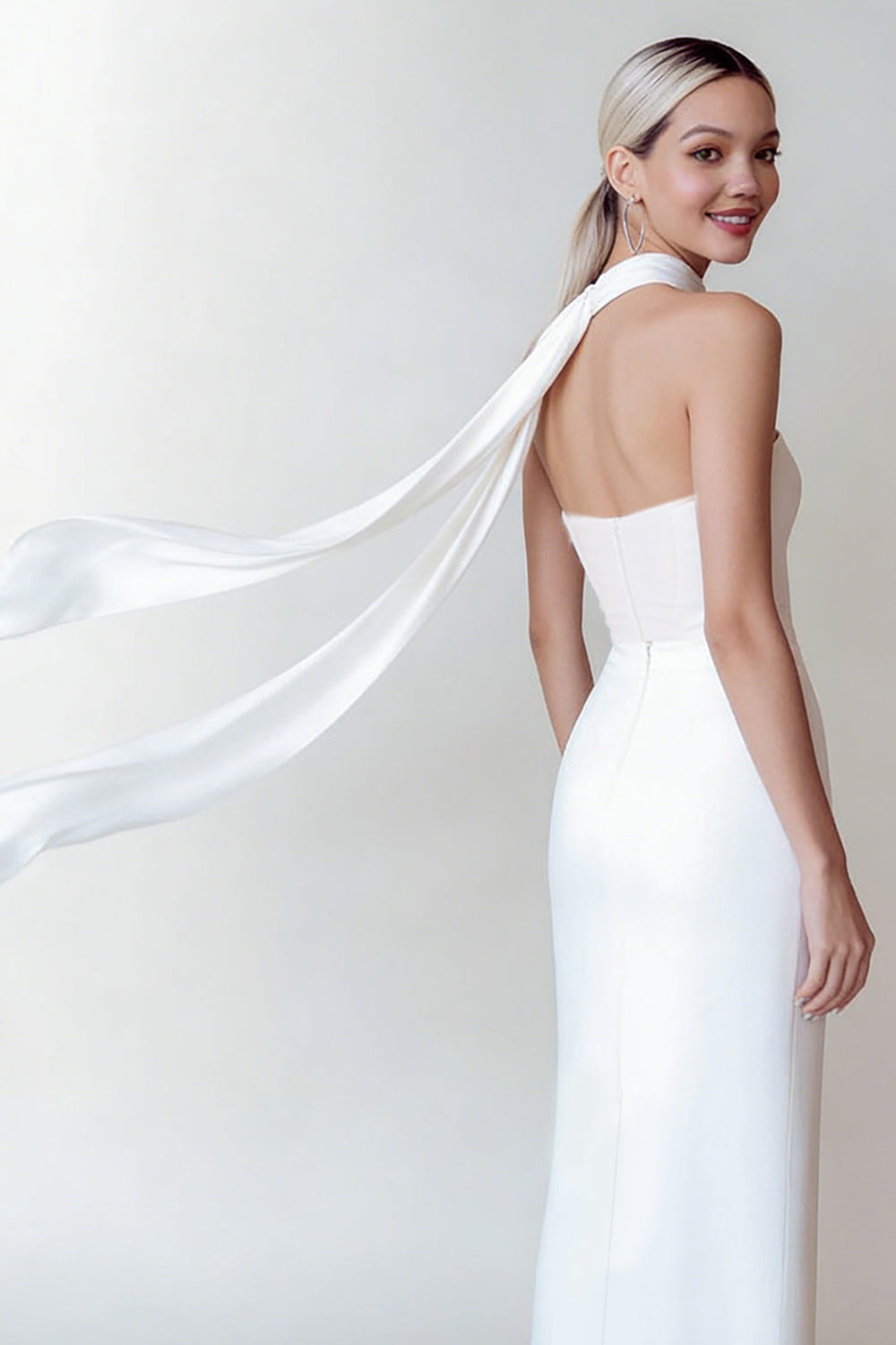 White Strapless Neck Scarf Long Wedding Reception Dress with Slit