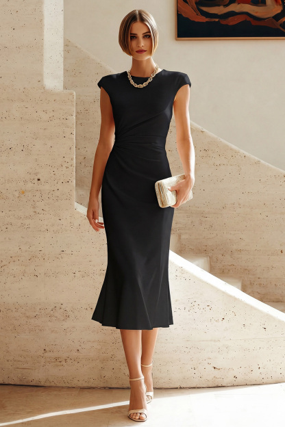 White Cap Sleeves Bodycon Ruched Midi Rehearsal Dinner Dress