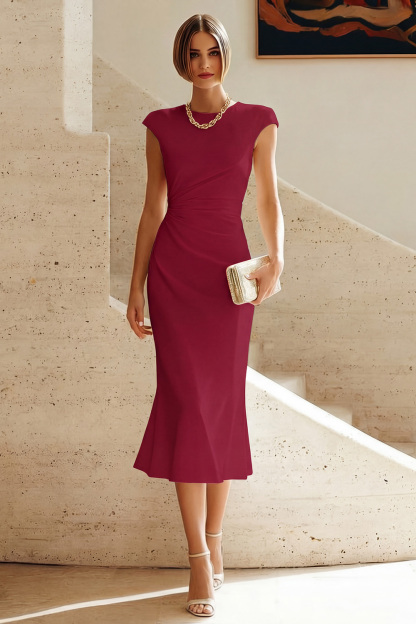 White Cap Sleeves Bodycon Ruched Midi Rehearsal Dinner Dress