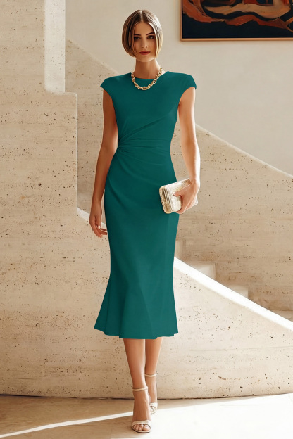 White Cap Sleeves Bodycon Ruched Midi Rehearsal Dinner Dress