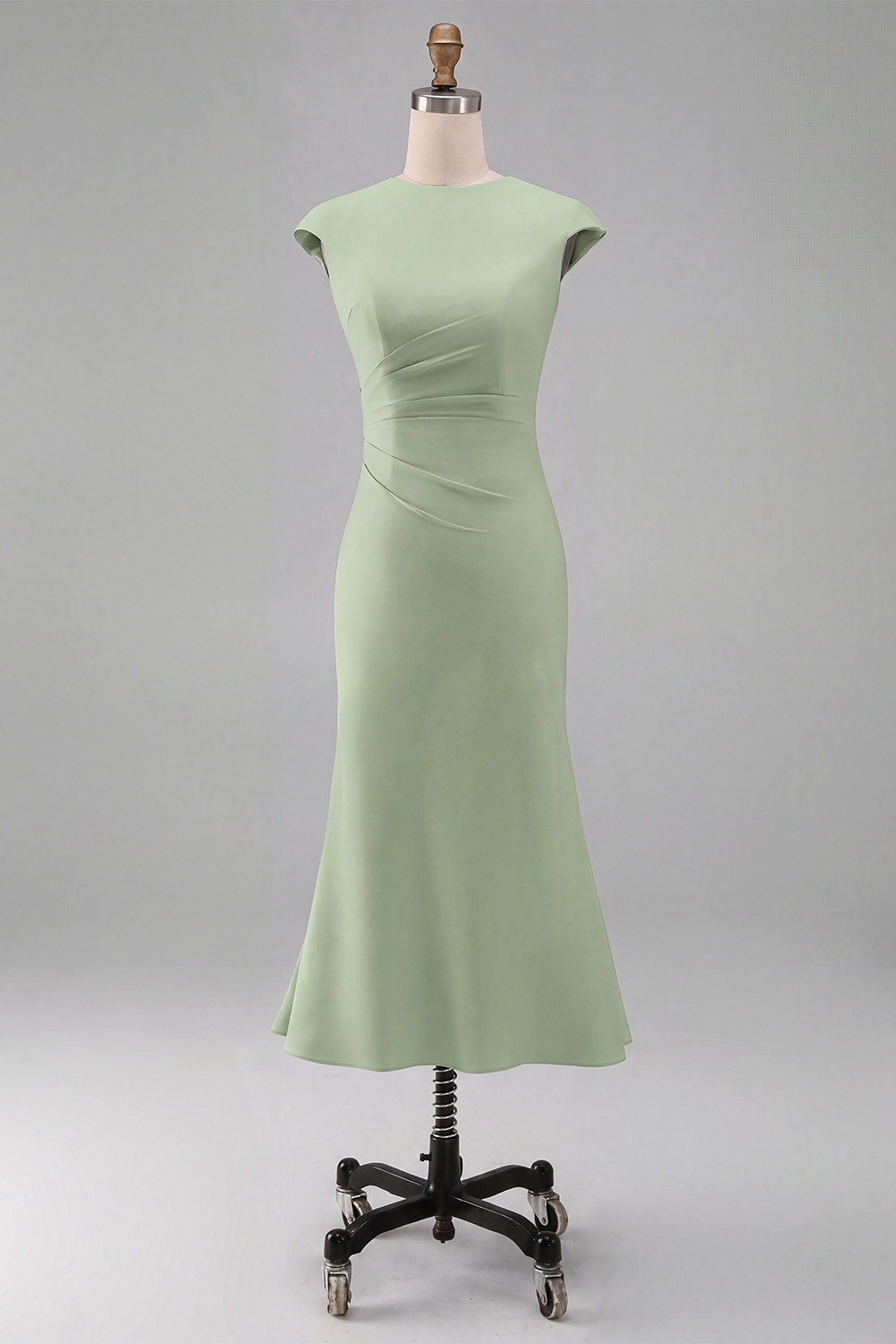 White Cap Sleeves Bodycon Ruched Midi Rehearsal Dinner Dress