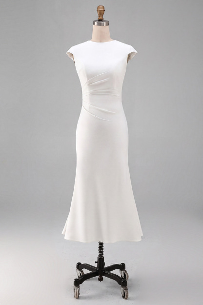 White Cap Sleeves Bodycon Ruched Midi Rehearsal Dinner Dress