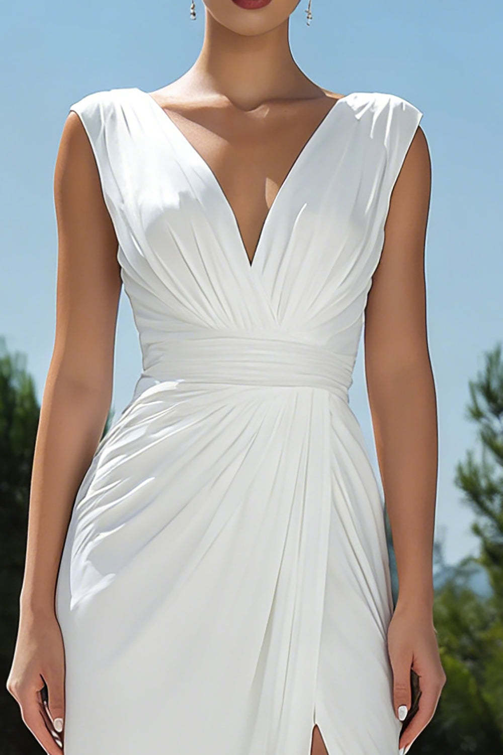 White V-Neck Ruched Midi Simple Engagement Dress With Slit