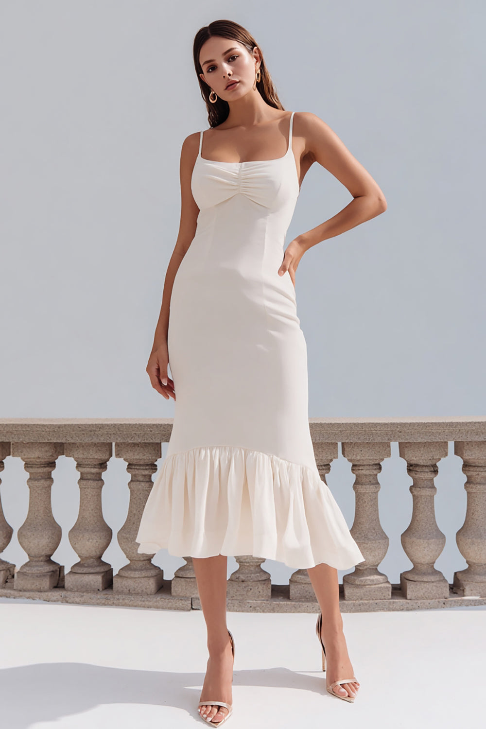Leely Women Ivory Ruffled Midi Engagement Dress Bodycon Spaghetti Straps Rehearsal Dinner Dress