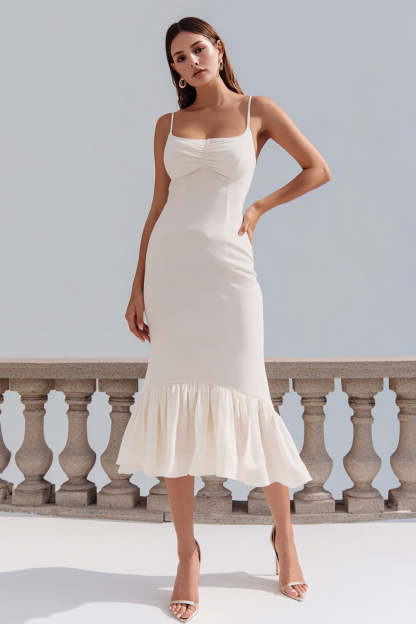 Leely Women Ivory Ruffled Midi Engagement Dress Bodycon Spaghetti Straps Rehearsal Dinner Dress