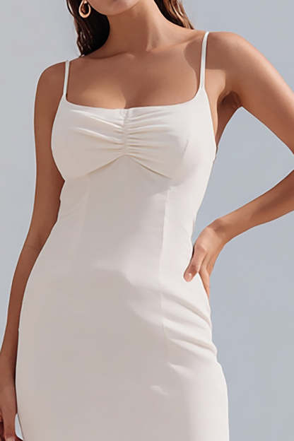 Ivory Spaghetti Straps Ruffled Bodycon Midi Engagement Dress