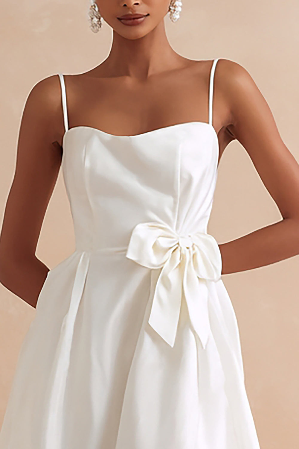 White Midi Spaghetti Straps A Line Engagement Dress with Bow