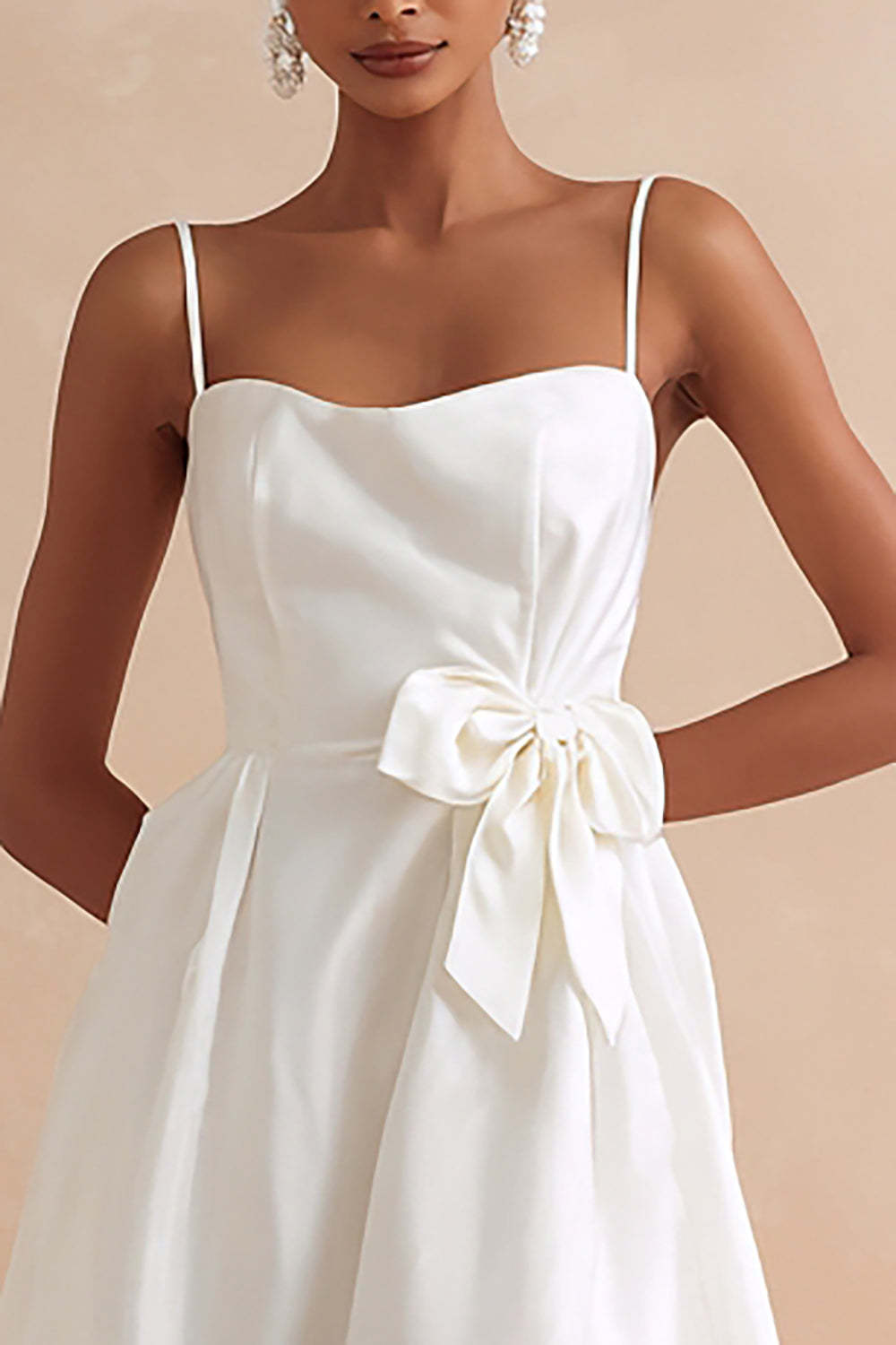 White Midi Spaghetti Straps A Line Engagement Dress with Bow