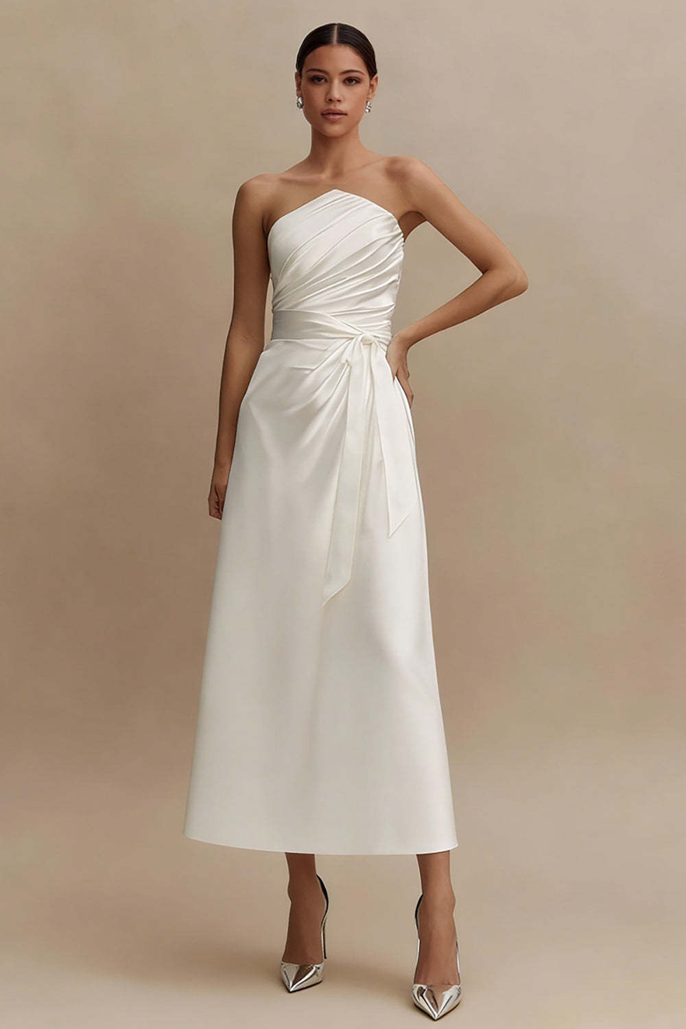 Leely Women White Strapless Midi Engagement Dress Ruched Satin A Line Bridal Shower Dress with Sash
