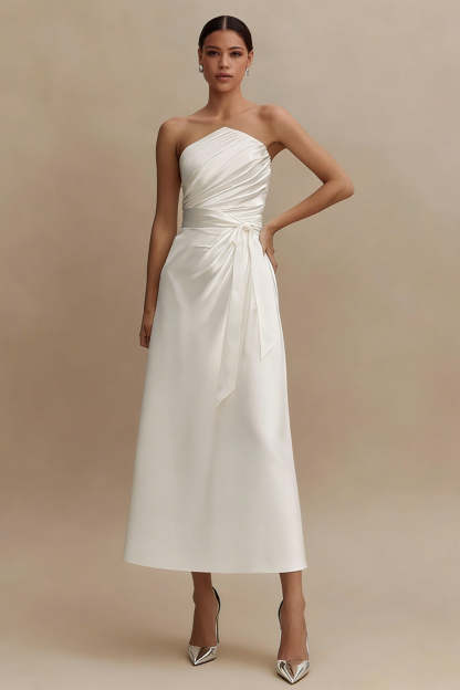 Leely Women White Strapless Midi Engagement Dress Ruched Satin A Line Bridal Shower Dress with Sash