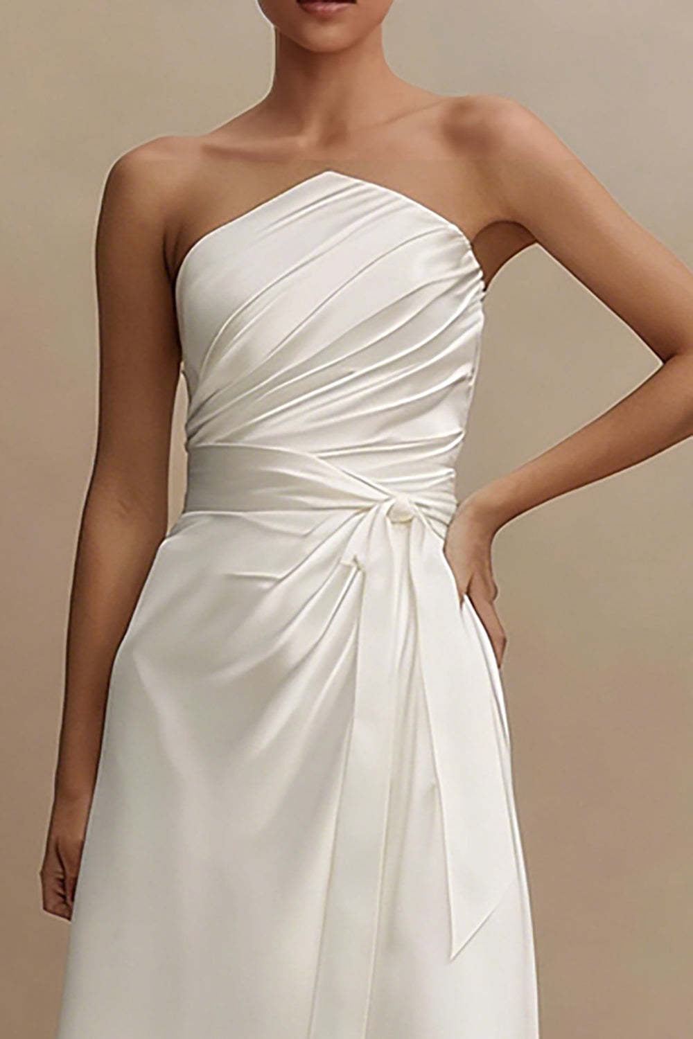White Strapless Ruched A Line Midi Engagement Dress