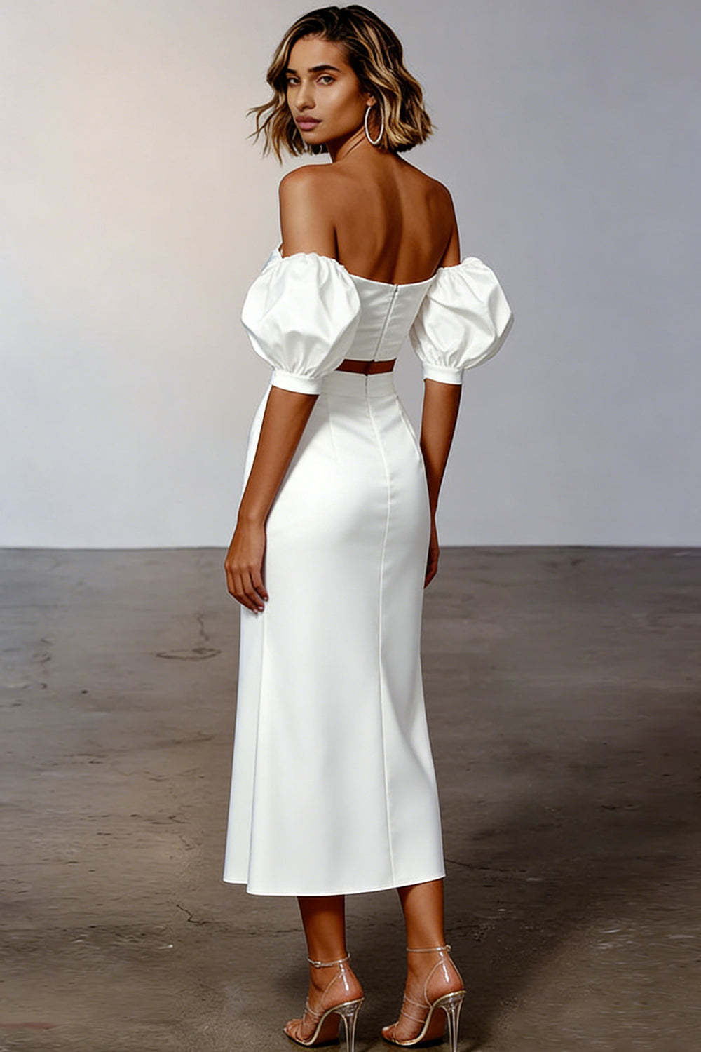 2 Piece White Sheath Off the Shoulder Midi Engagement Dress