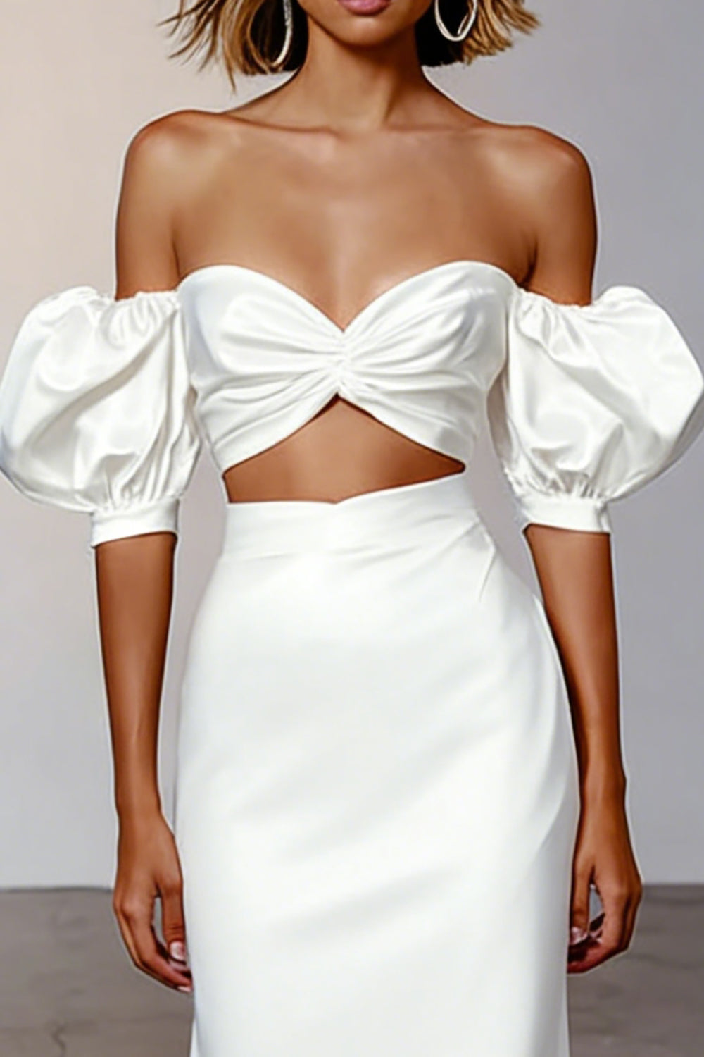2 Piece White Sheath Off the Shoulder Midi Engagement Dress