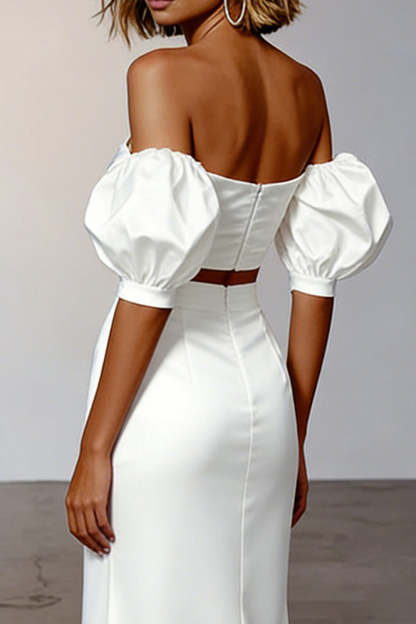2 Piece White Sheath Off the Shoulder Midi Engagement Dress