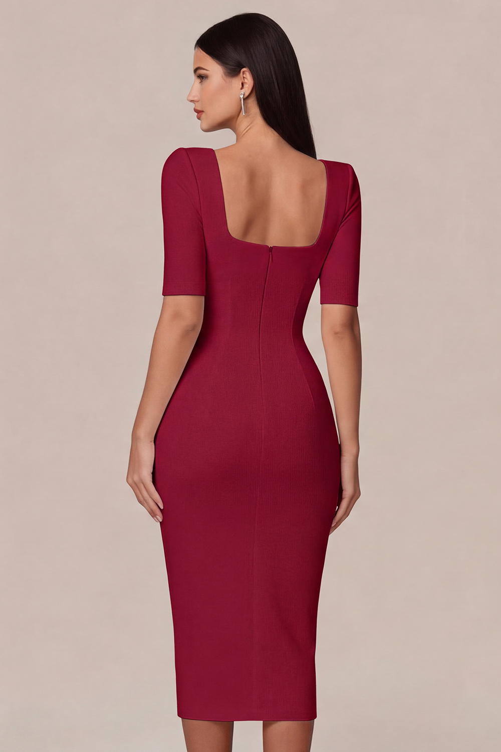 Simple White Bodycon Square Neck Midi Engagement Dress with Sleeves
