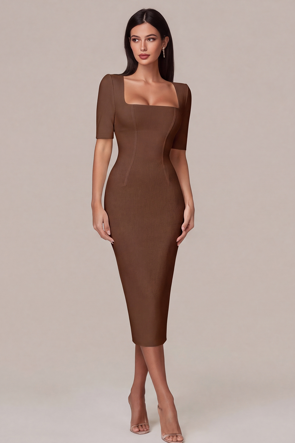 Simple White Bodycon Square Neck Midi Engagement Dress with Sleeves