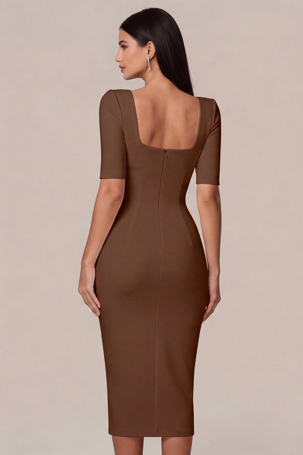 Simple White Bodycon Square Neck Midi Engagement Dress with Sleeves