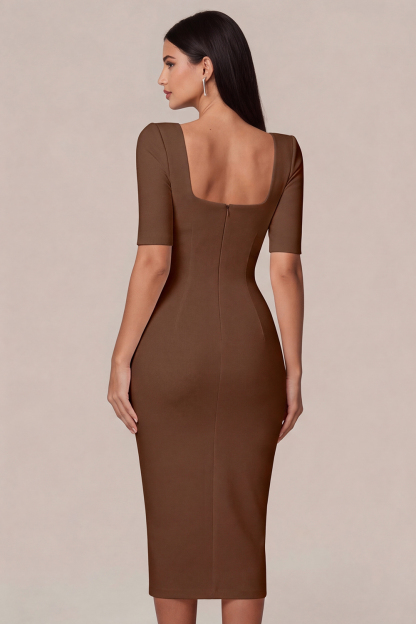 Simple White Bodycon Square Neck Midi Engagement Dress with Sleeves