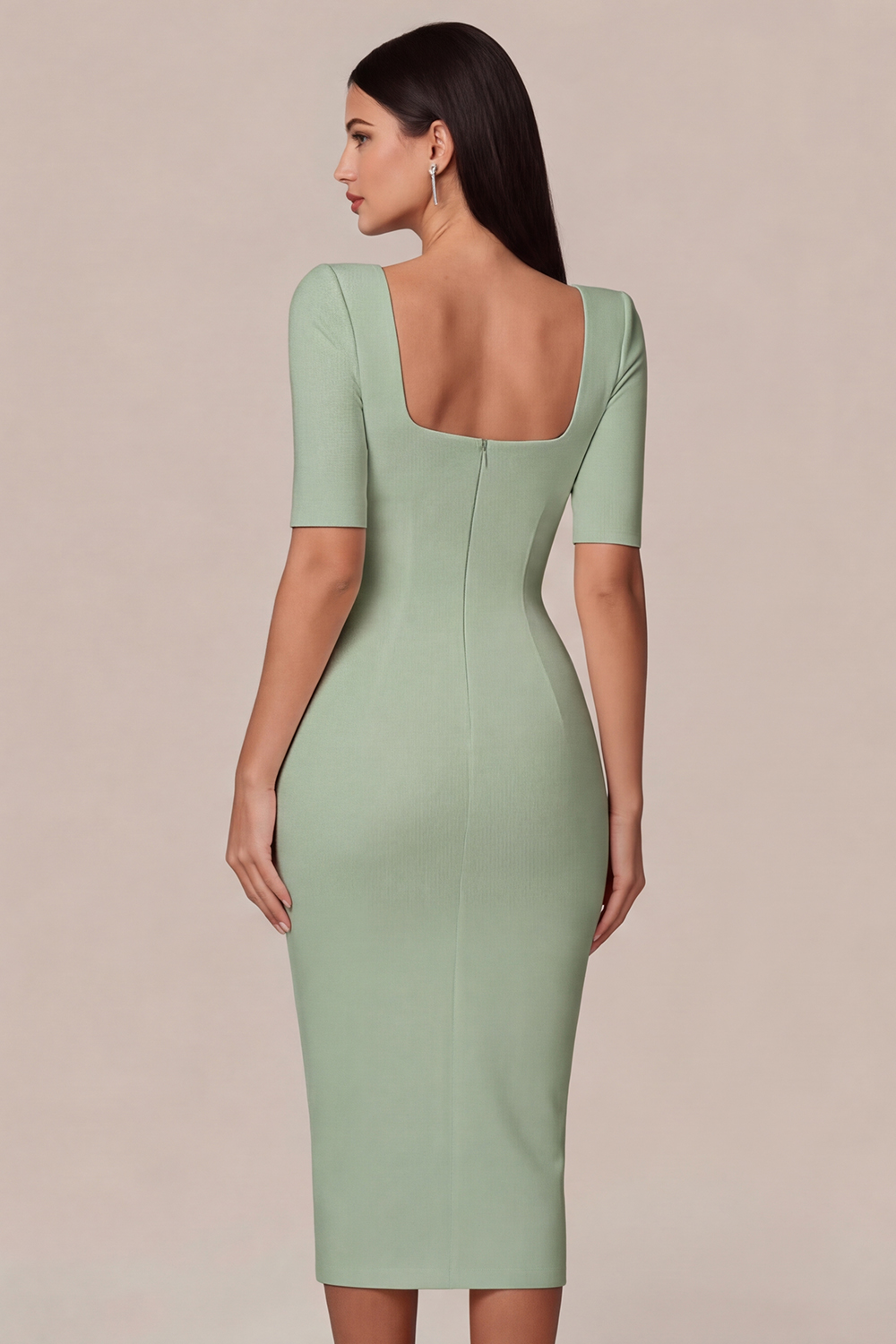 Simple White Bodycon Square Neck Midi Engagement Dress with Sleeves