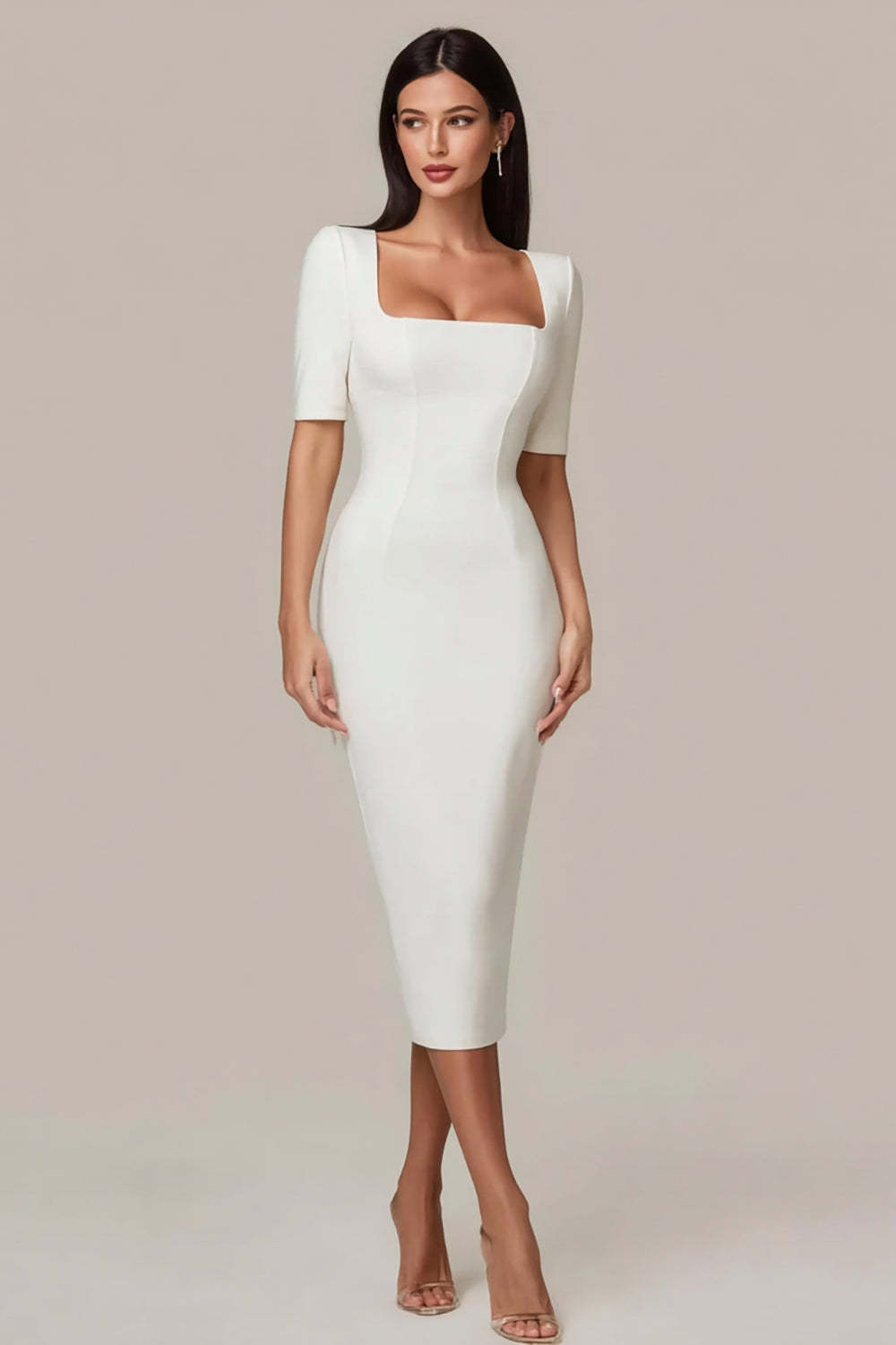 Leely Women Simple White Midi Engagement Dress with Sleeves Square Neck Satin Bodycon Rehearsal Dinner Dress