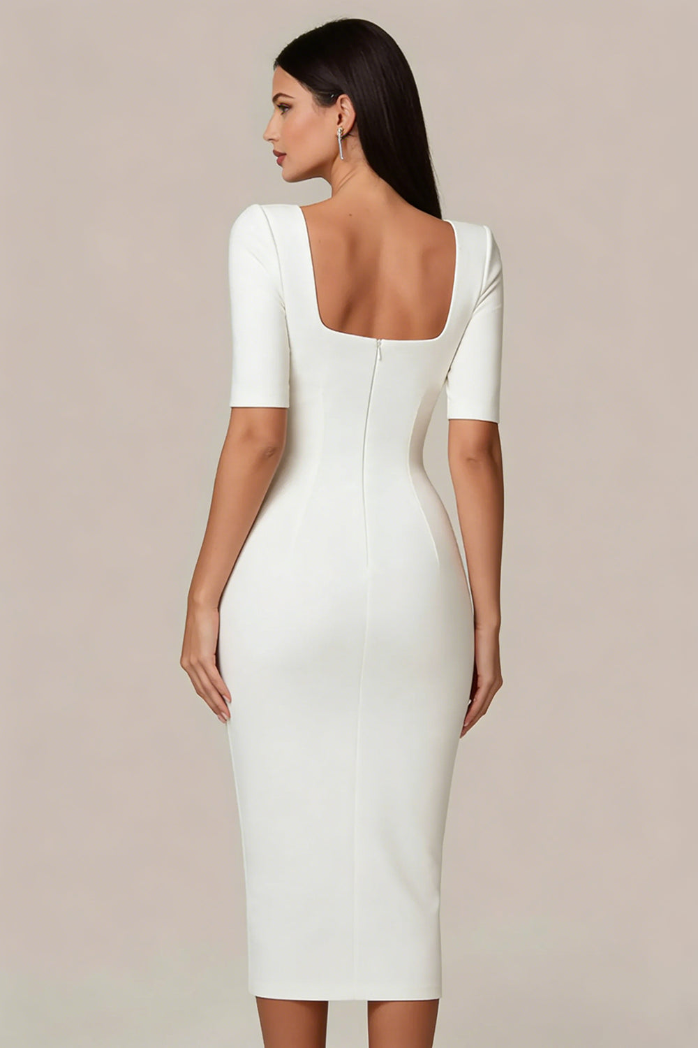 Simple White Bodycon Square Neck Midi Engagement Dress with Sleeves
