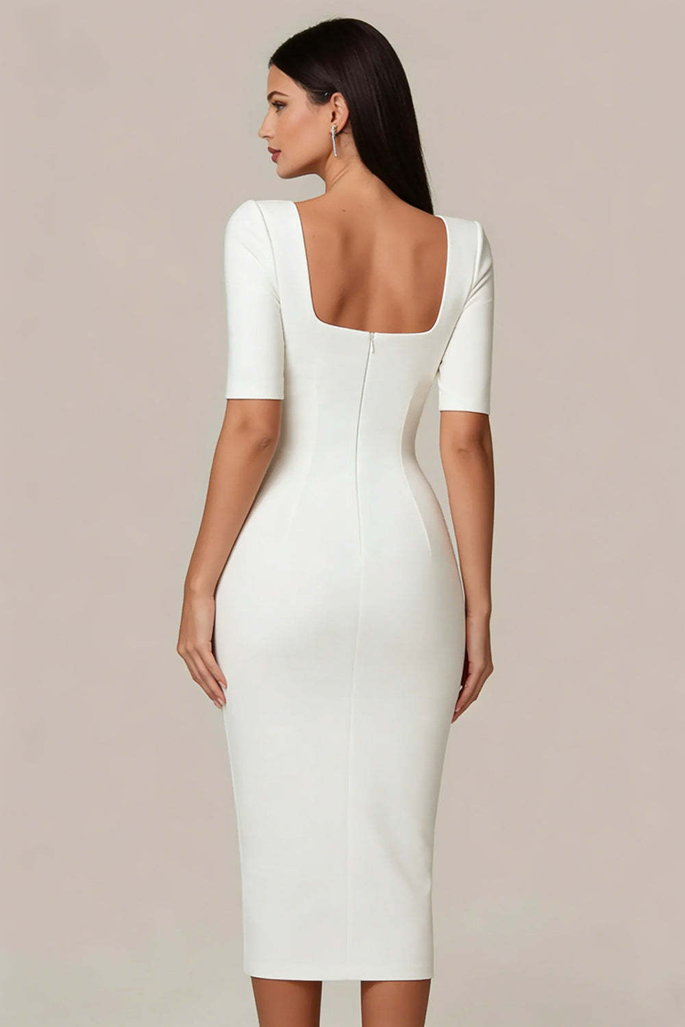 Simple White Bodycon Square Neck Midi Engagement Dress with Sleeves