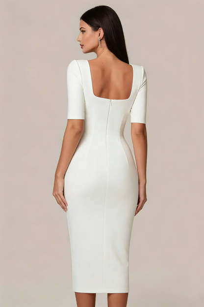 Simple White Bodycon Square Neck Midi Engagement Dress with Sleeves