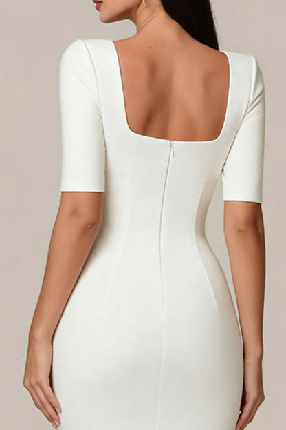 Simple White Bodycon Square Neck Midi Engagement Dress with Sleeves
