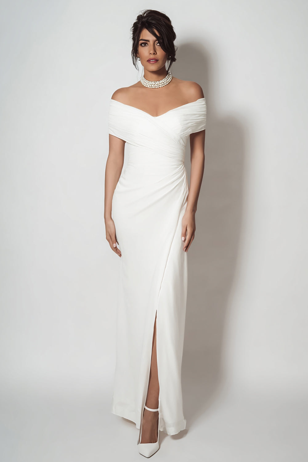 Simple White Sheath Off the Shouder Long Engagement Dress with Slit