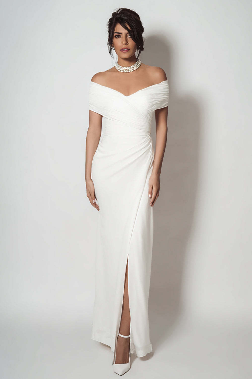 Leely Women White Simple Sheath Long Engagement Dress with Slit Chiffon Off the Shoulder Ruched Rehearsal Dinner Dress