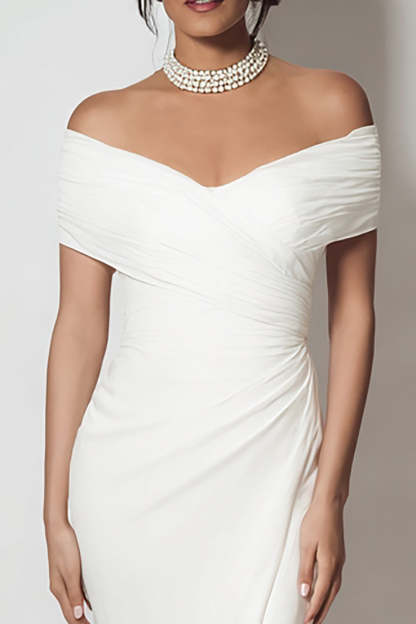 Simple White Sheath Off the Shouder Long Engagement Dress with Slit